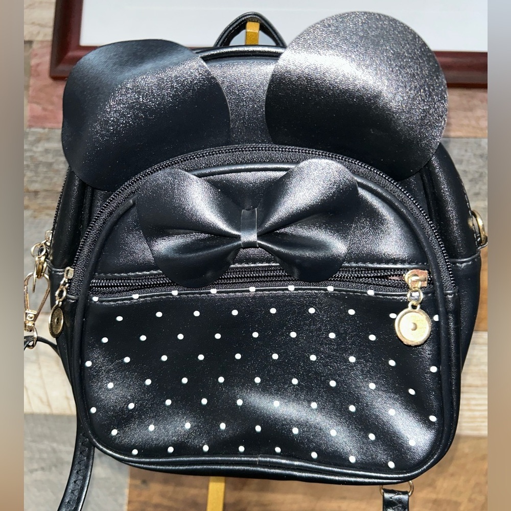 NWOT-Mickey Mouse Mini Backpack Black Bow Ears Polka Dot - Picture 2 of 7
